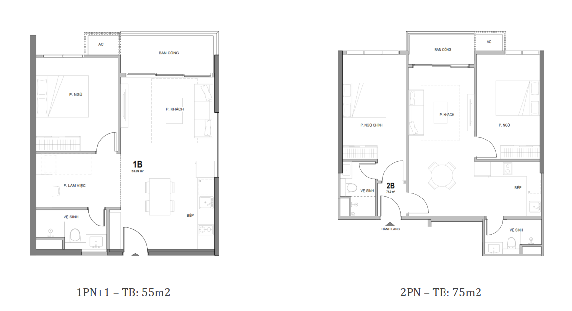 mẫu căn hộ 1+ PN và 2 PN