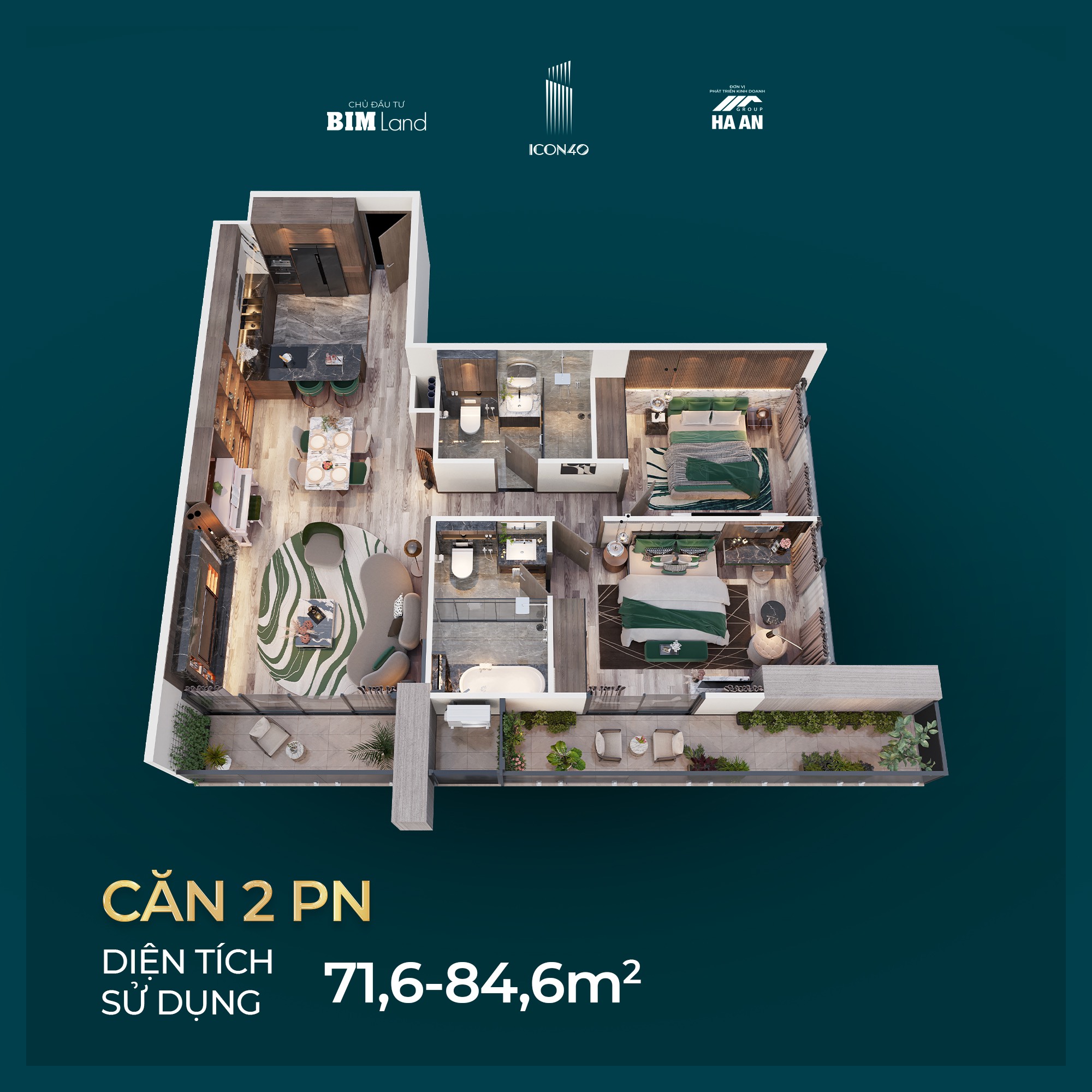 Mẫu căn hộ 2 phòng ngủ chung cư icon 40 hạ long