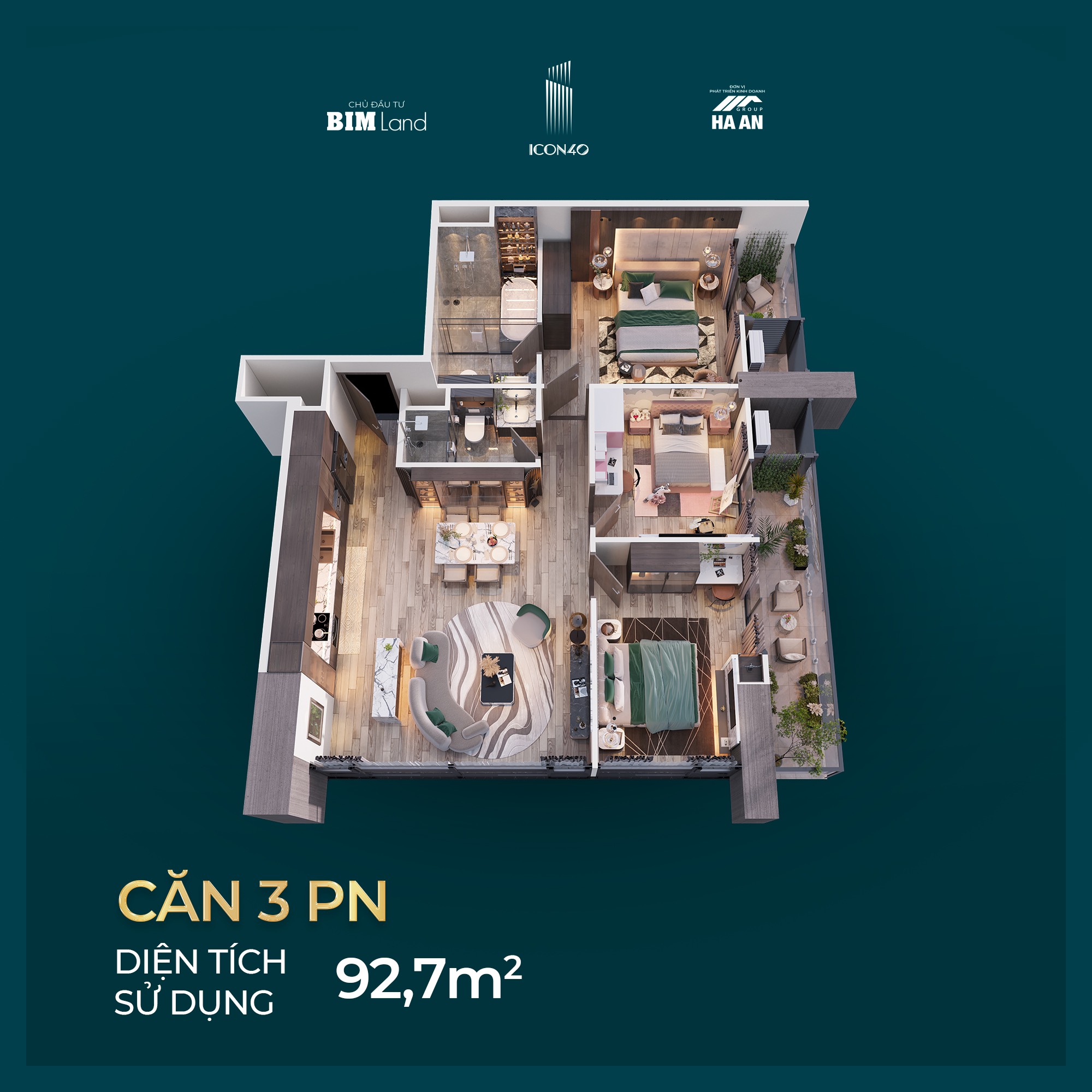 mẫu căn hộ 3 phòng ngủ chung cư icon 40 hạ long